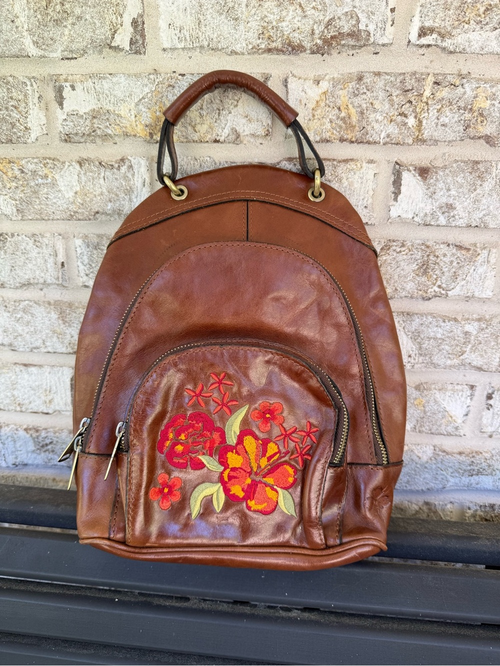 Patricia Nash Brown Leather Mini Backpack Floral Embroidered Boho Vintage Style